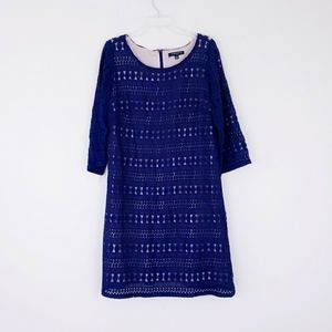 Sharagano Navy Blue Lace Dress Long Sleeve Shift Sheath Crochet Lace Size 14